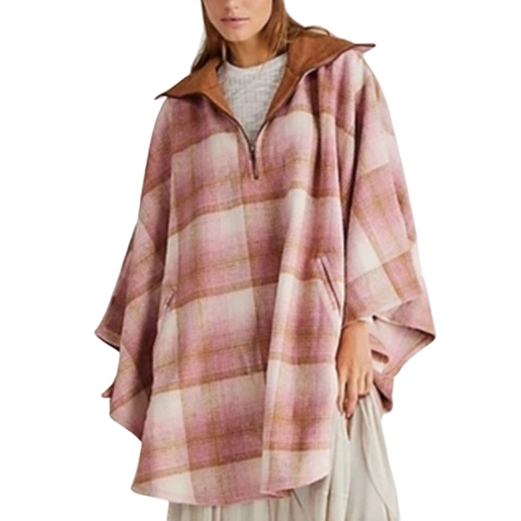 NEW FREE PEOPLE PINK WOODSTOCK BRUSHED PLAID PONCHO CAPE JACKET ONE SIZE - Picture 1 of 9